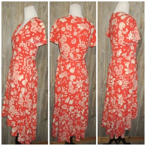 Urban Outfitters Dress Medium Orange Daphne Wrap Midi Floral V-Neck Boho Fall - Picture 2 of 10